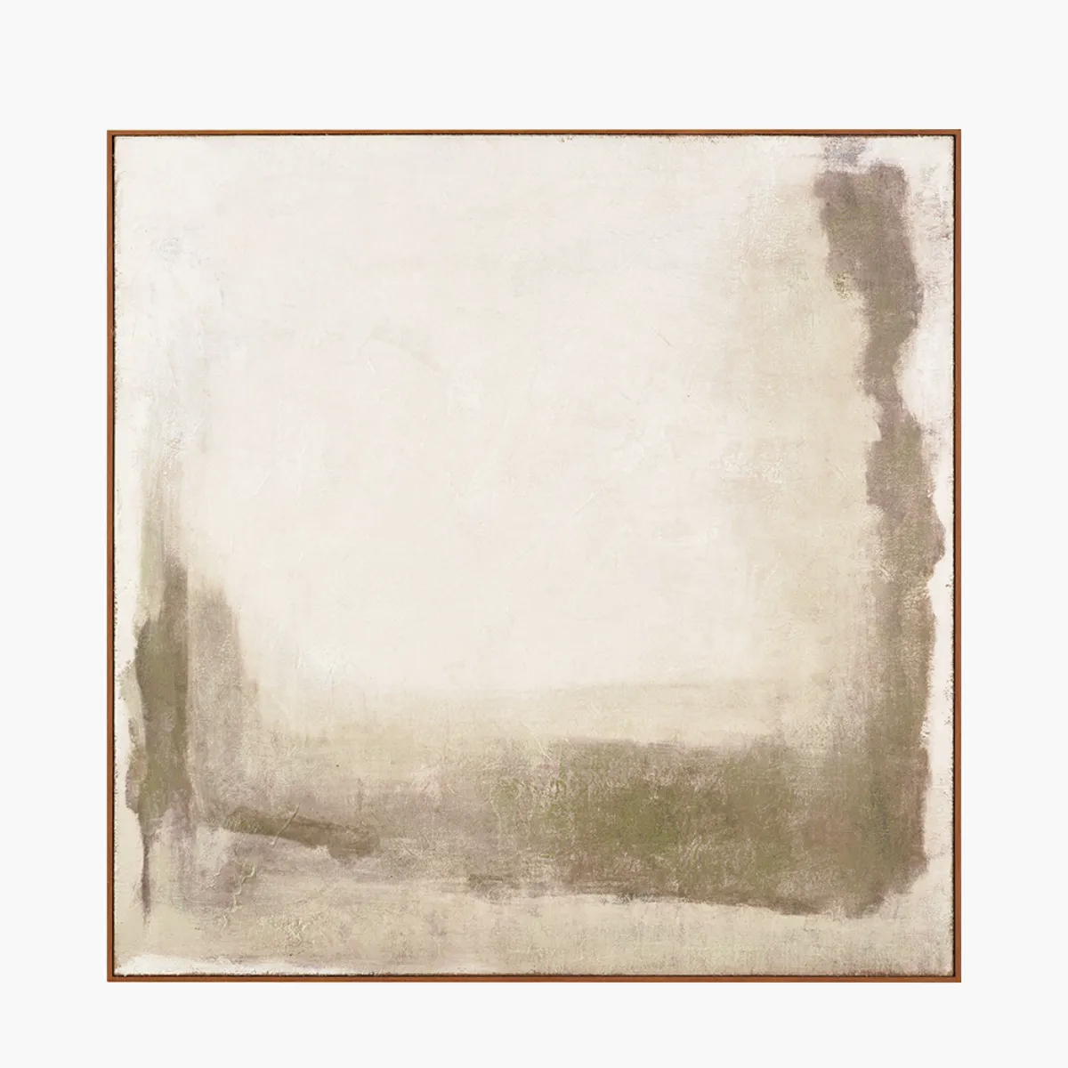 Green and Natural Abstract Square Hessian Canvas with Oak Effect Frame