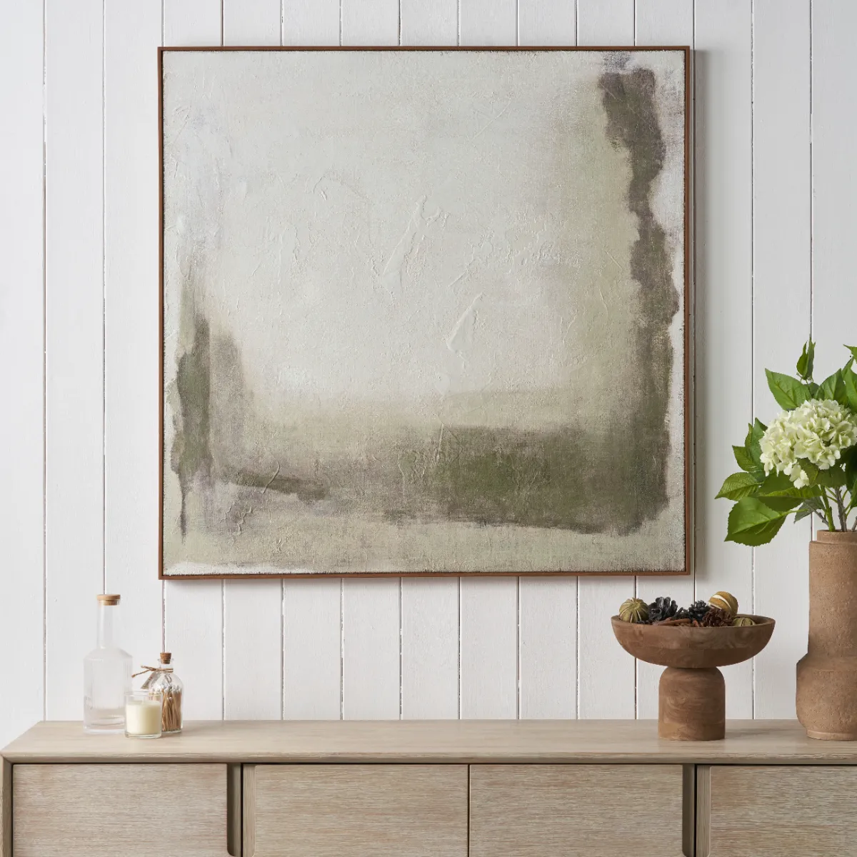 Green and Natural Abstract Square Hessian Canvas with Oak Effect Frame - Image 3