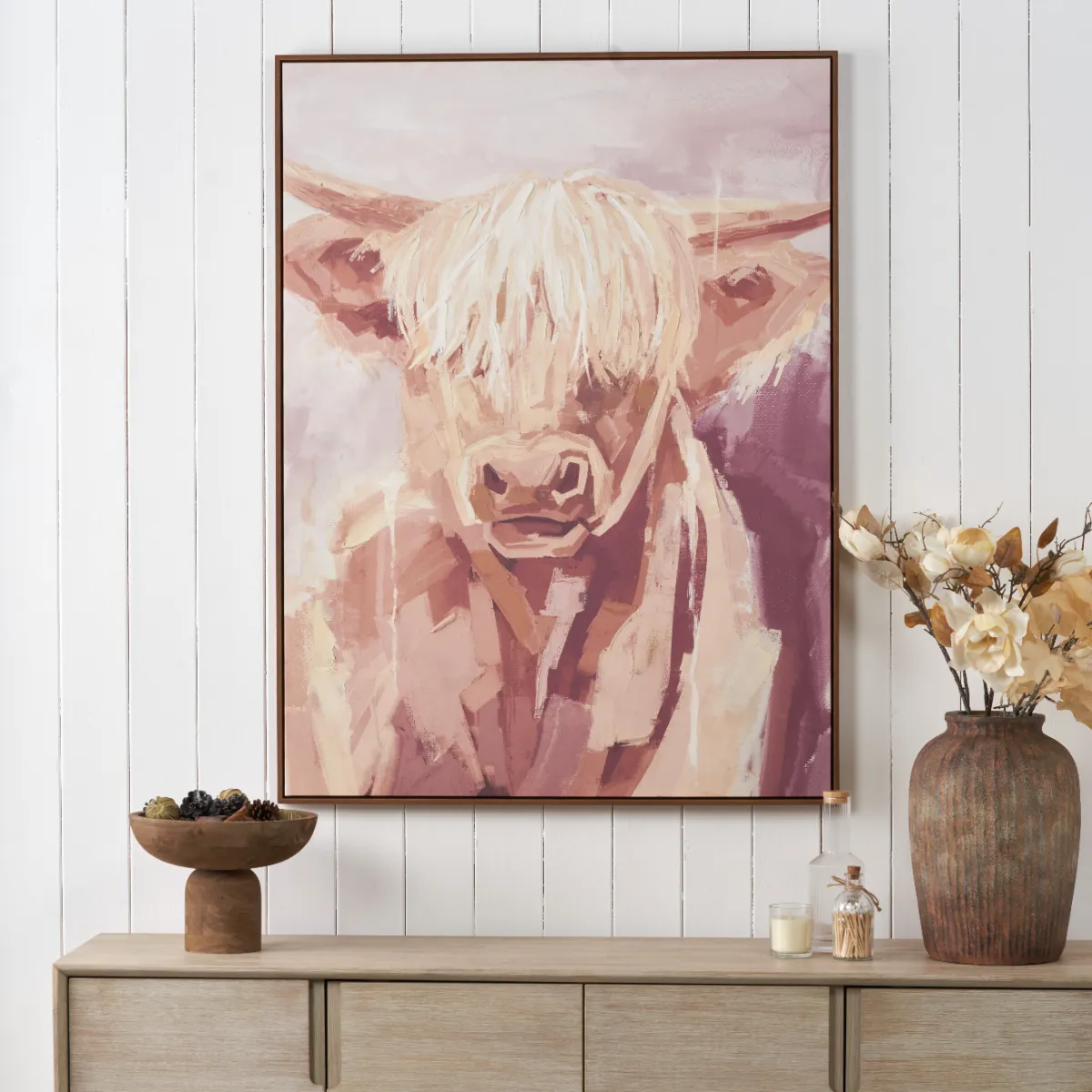 Mulberry and Naturals Highland Cow Canvas with Oak Effect Frame - Image 4